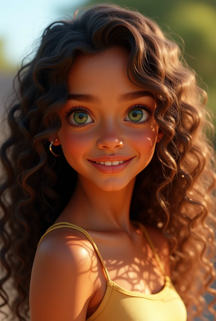 brown girl, long curly hair, delicious, kind 13 year old