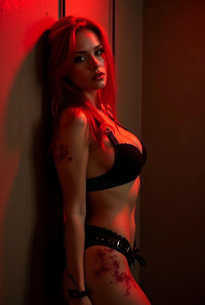 Magnificent detail, 8K Photos, hyper- realism, realistic background, visual depth, wide angle lens, professional light. {A beautiful 23 year old woman, natural redhead, white-skinned, with smudged makeup, with arms tied in an X-cross BDSM on the wall, com Shibari de BDSM.} {The woman wears lingerie made of leather straps, leather harness and neck collar.} {The woman has a large body, thick muscular legs, curvy waist and hips and large natural breasts. His body has red marks from slaps.} {BDSM, sadomasoquismo.} {dark surroundings, with red light directed at the woman.}