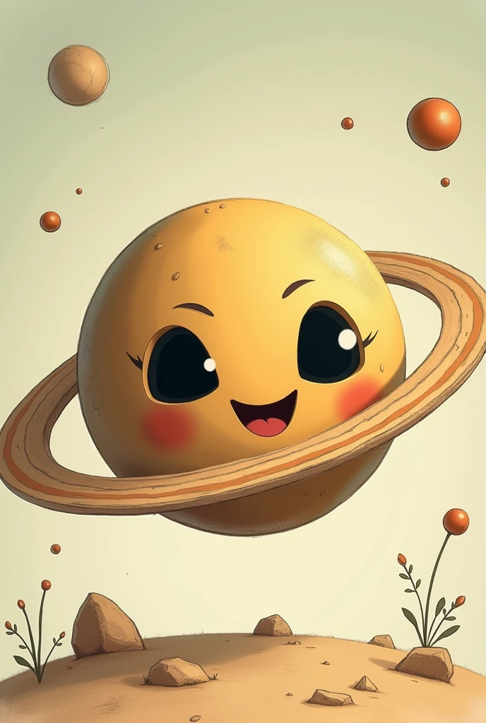 A 1930s style cartoon planet, with completely black eyes and a triangular cut in them. The planet smiles as a giant pencil draws a circle around it. Retro aesthetics, soft colors and subtle shadows.