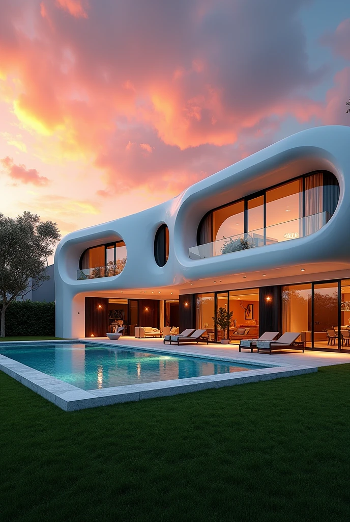 
The sleek, white facade of the house reflects the fiery hues of the setting sun. Expansive windows, framed by slender black mullions, draw the sky's vibrant palette into the open living spaces. The pool, a shimmering sapphire oasis, mirrors the sky's colors, creating an interplay of light and reflection. Lush green grass, meticulously manicured, frames the scene, a verdant contrast to the clean lines of the architecture. The house's organic curves, reminiscent of Zaha Hadid's designs, create a sense of fluid movement, harmonizing with the natural world.  The warm glow of the interior, visible through the expansive windows, hints at the luxurious comfort within.  Every detail, from the textured concrete walls to the smooth, polished surfaces, evokes a sense of tranquility and modern elegance. 

