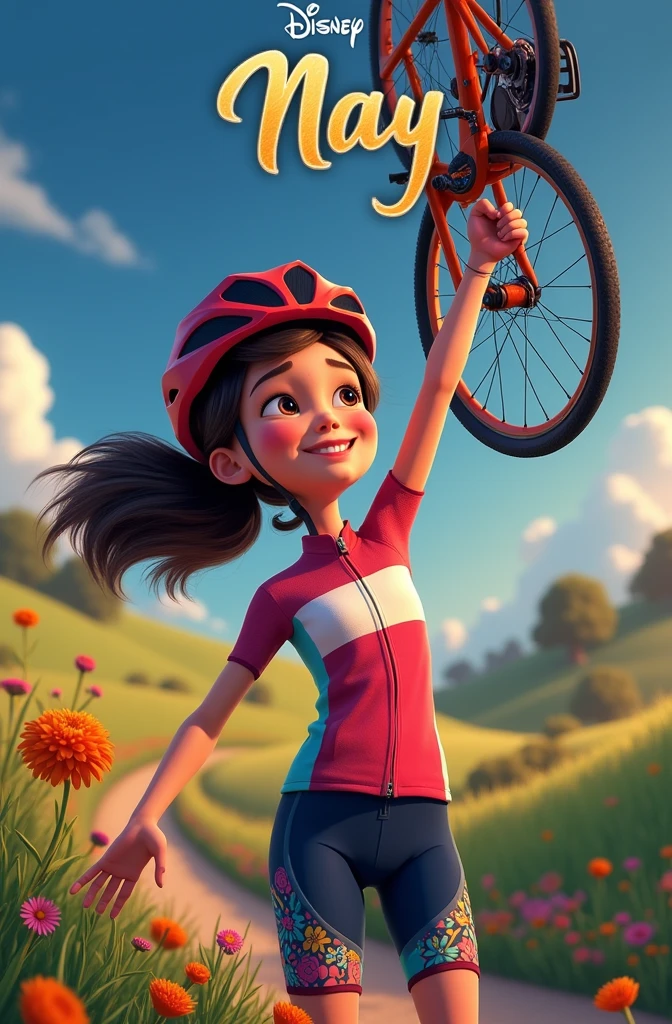 create a disney pixar style poster of a girl holding her bike  , in cycling clothes with the title "Nay"