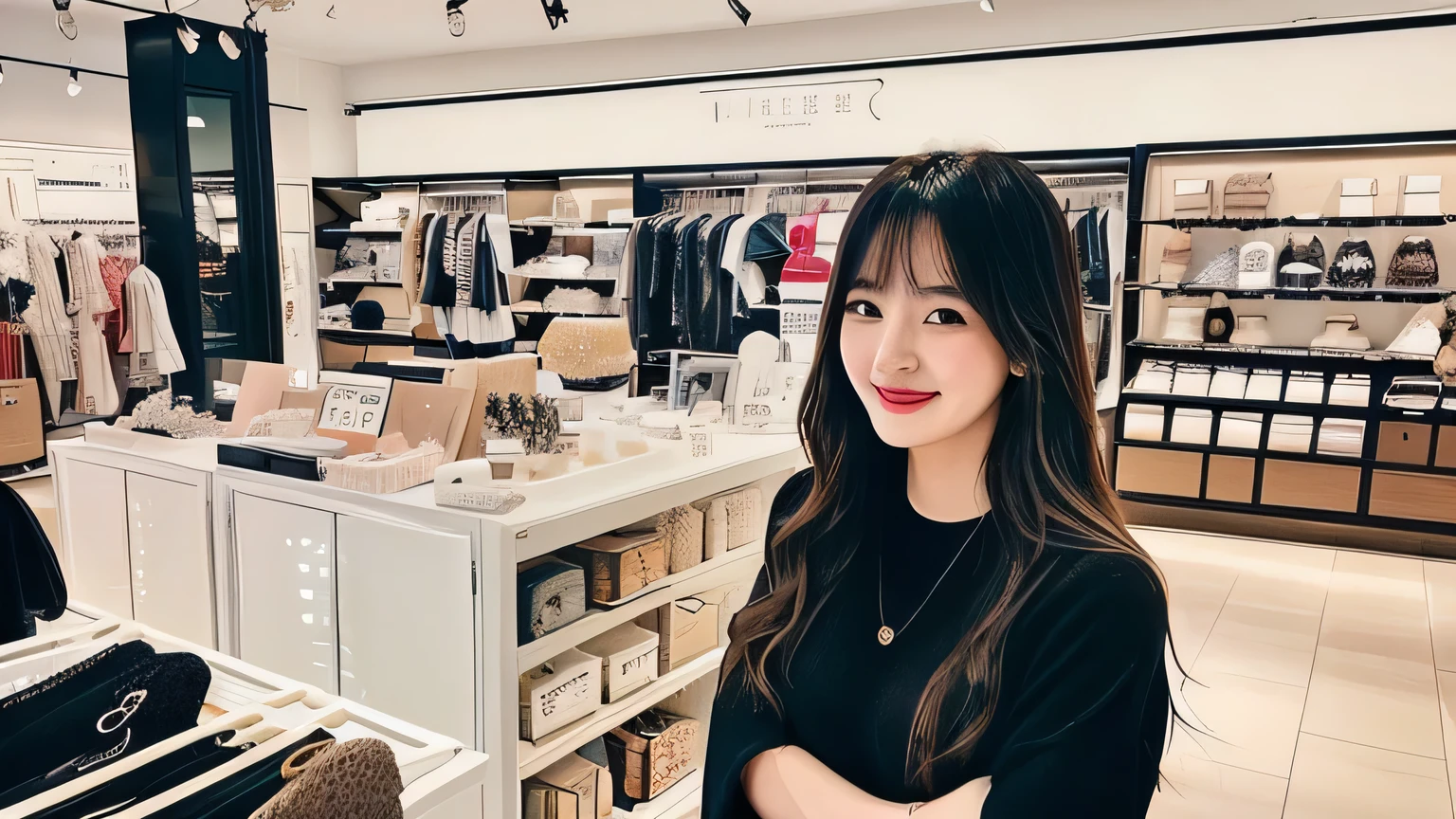 A 28-year-old female store manager、Inside the stylish and cool general goods section of a department store、Take a photo of yourself smiling naturally。To convey the atmosphere of the store、Please include a reasonable amount of the interior decorations in the photo.。The manager's facial expression matches the atmosphere of the store.、Pay attention to lighting and composition。Please brighten the store