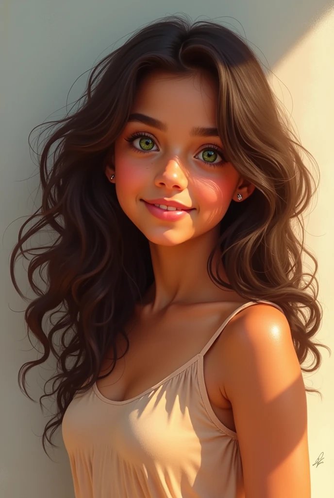 A hispanic girl, , tanned skin, long curly brown hair, Green eyes, whole body.