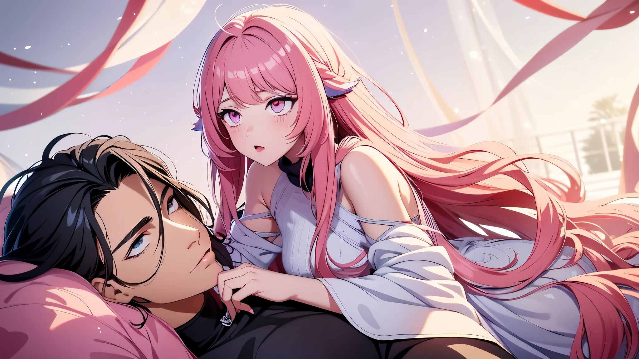 long dark haired man, very big hair, of him, girl with pink hair, passionate looks, anime traits, thick line art, anime traits anos 2020, urate eyes, perfects eyes, detailedeyes,