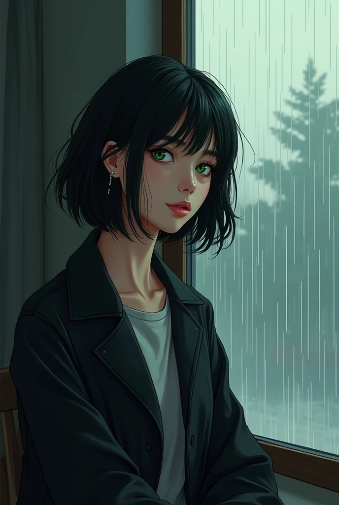 Webtoon,Manwha art style of a woman in  a room inside near the window as it rains. the woman with a short black jacket and long black hair and green eyes and a right reflection light shines in the woman’s face