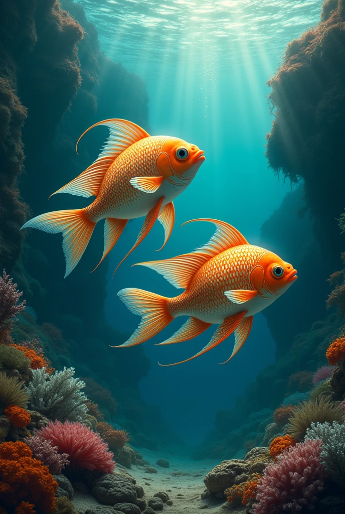 (photorealism:1.2),a couple of beautifull and colorfull fishes,in the deep of the sea, realistic, intricate details, warm colors, by Greg Rutkowski, by Alphonse Mucha
