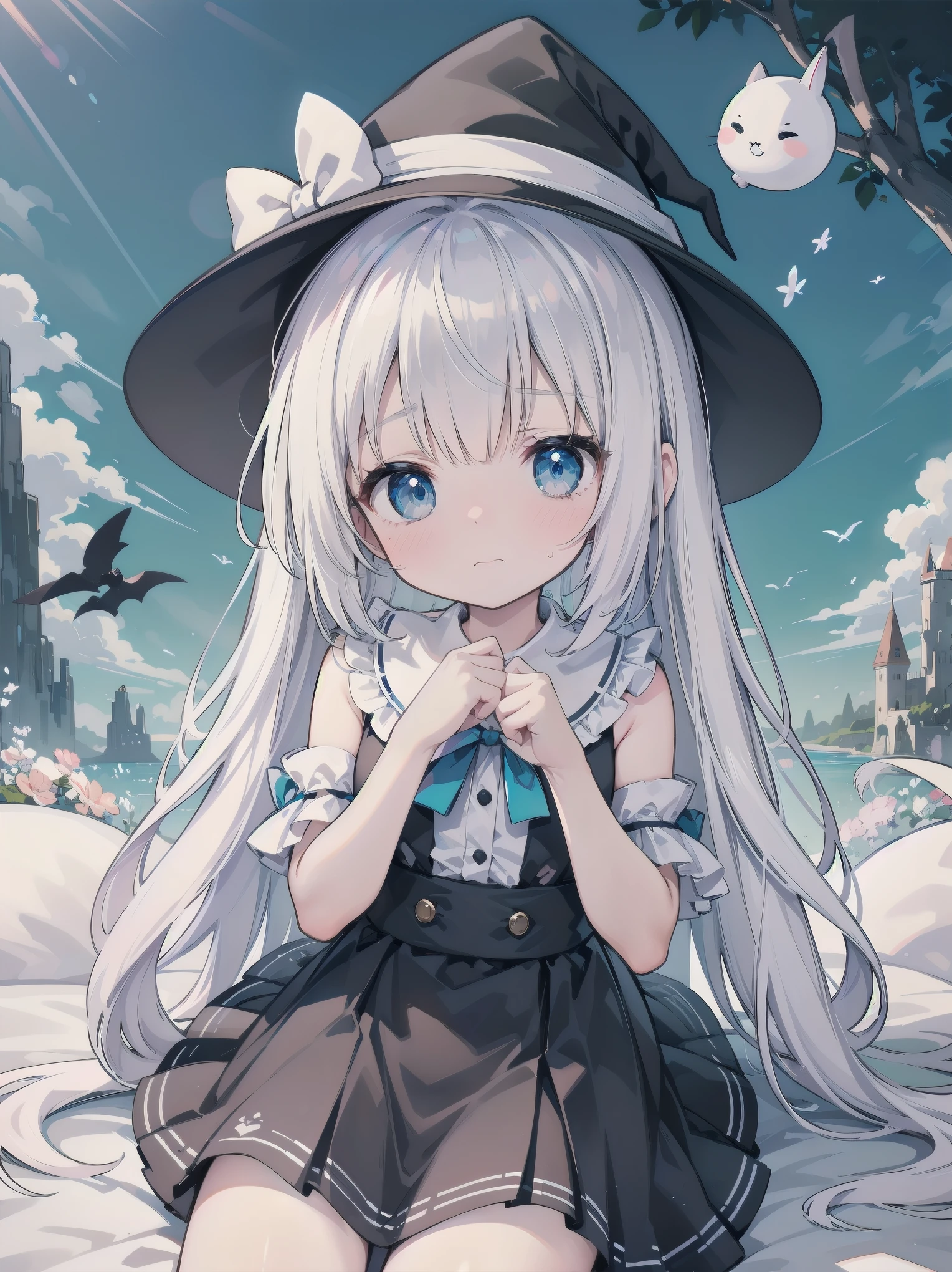 🎶, (🧙♀️), ✡, ✨(black hat), , Alice in Wonderland, Alone, very beautiful, cute, adorable, embarrassed, alone, blue eyes, white skin、look at viewer、looking up,kawaiitech, pastel colors, kawaii, cute colors,Alice in Wonderland, alone, very beautiful, cute, adorable, embarrassed, alone, blue eyes, white skin,skirtlift