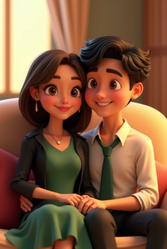 1. **Personagens:**
- **Person on the left:** Draw a female character with straight, medium brown hair, white ethnicity,with brown eyes wearing a black jacket and a green dress. Give her a cheerful look and a friendly pose - **Person on the right:** Draw a male character with curly hair, black ethnicity, wearing a white shirt and a green tie. He may be smiling and looking at the character on the left., with their arms around each other they are sitting on a sofa in love 3d drawing, Disney type
