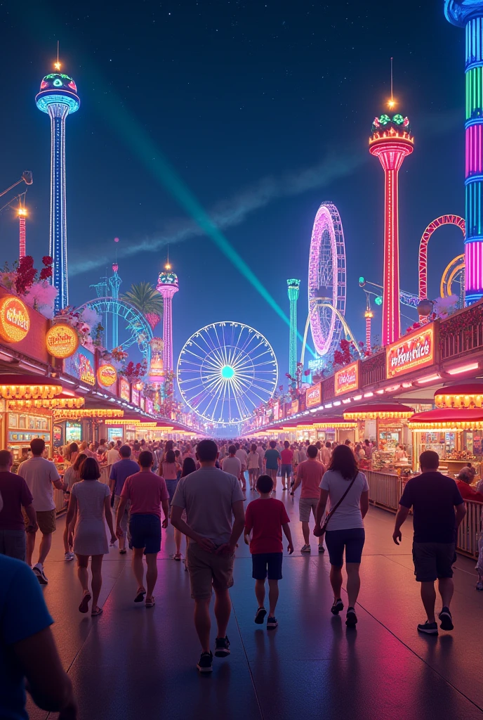 Amusement park at night full of lights