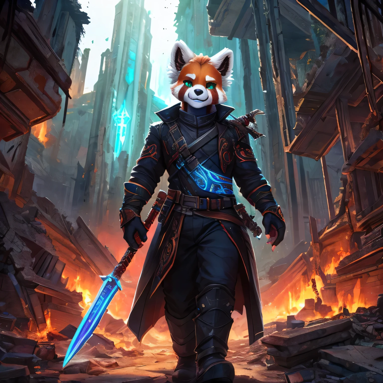 (Red Panda Man Anthro), muscle, bonitas, detailed green eyes, cute smile, technological clothes with the fur showing a little, Archaic symbols on the coat, Archaic Weapon with Blue Glow in hand aiming forward, in ruins underground, luminescent glows in the ruins, fine-detailed, 8k