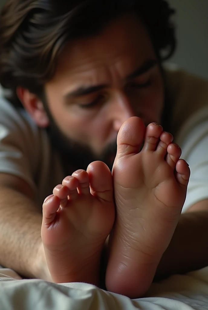 
a man kissing a woman's feet. These feet have a lot of foot odor. this man loves this smell on his wife's feet