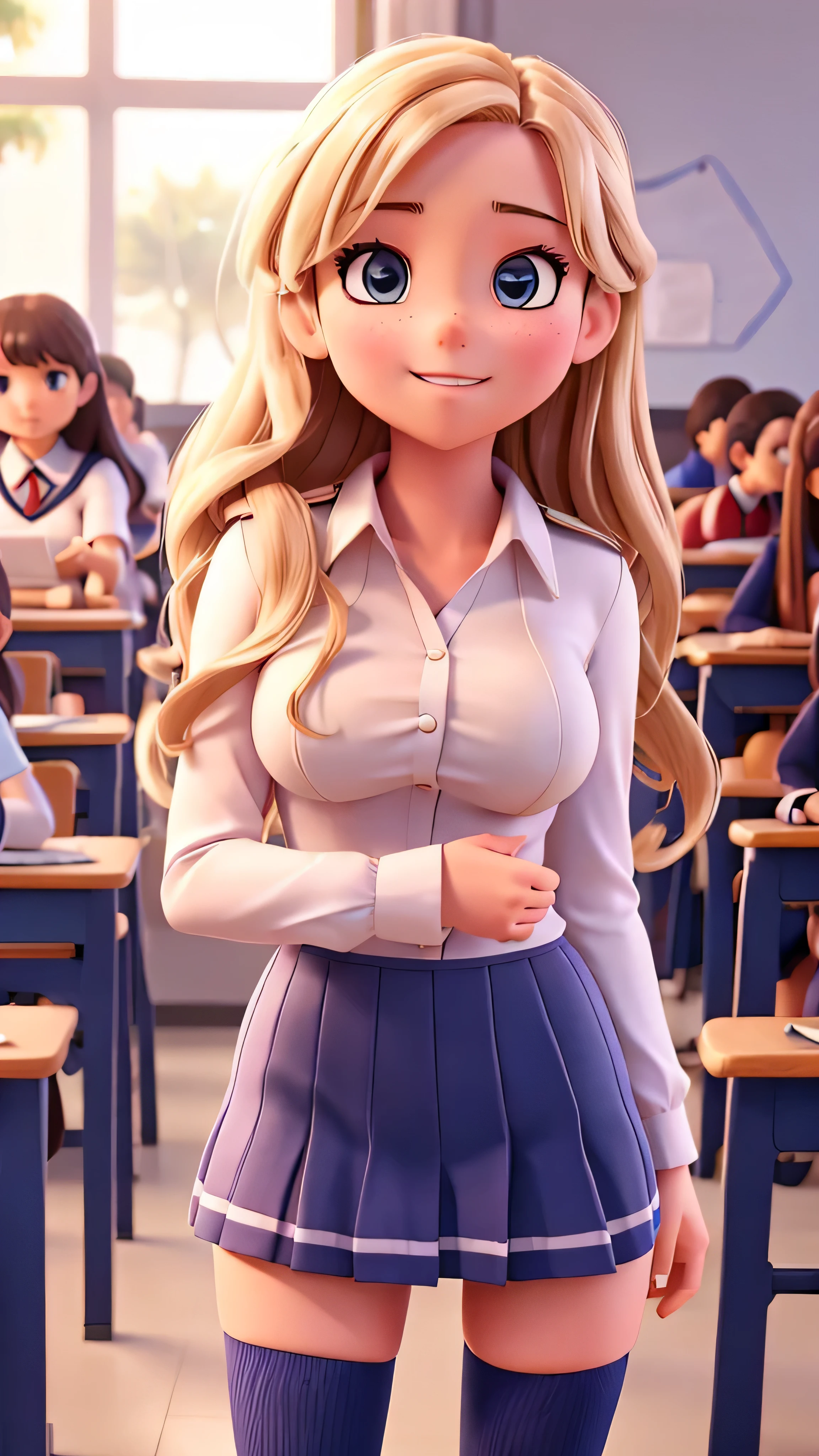 Busty girl in school uniform and stockings