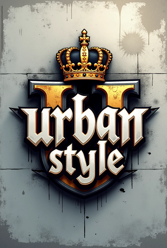 make a logo for an urban style clothing brand with graffiti by placing (urban style) as main words with a minimalist wall background with a crown fitting the letter with realistic gold details with a walled background