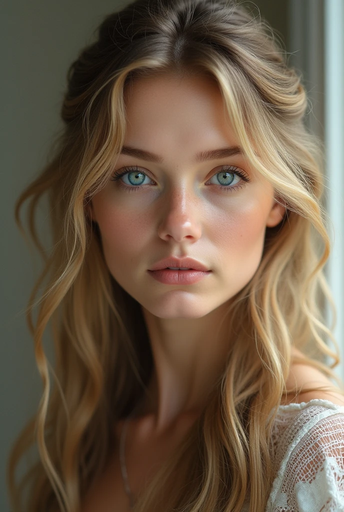 image of a beautiful blonde woman with blue eyes and a serene look