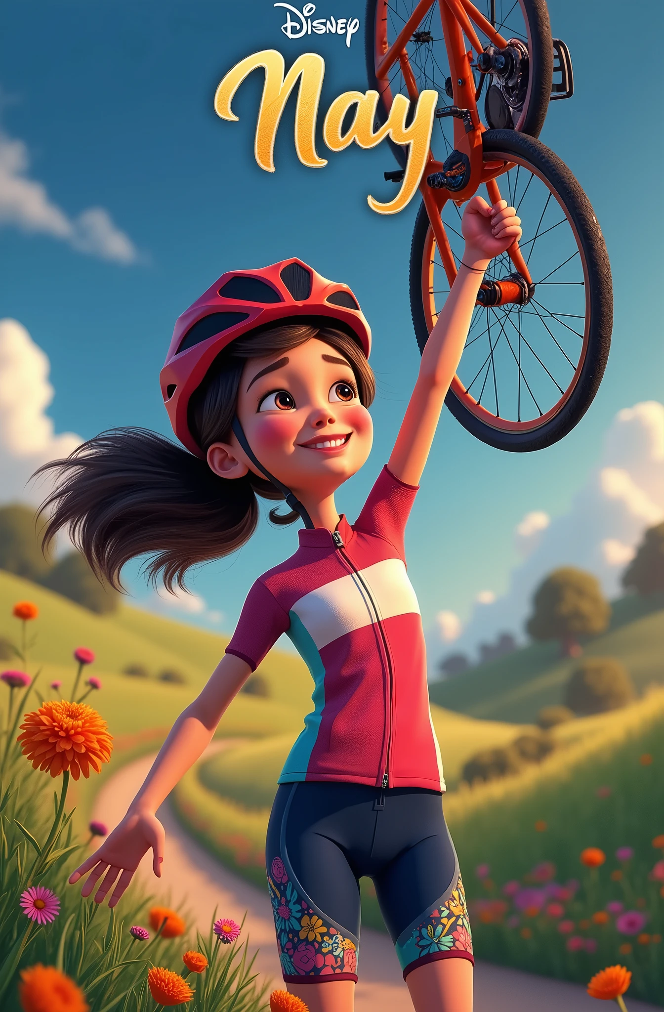 create a disney pixar style poster of a girl holding her bike , in cycling clothes with the title "Nay"