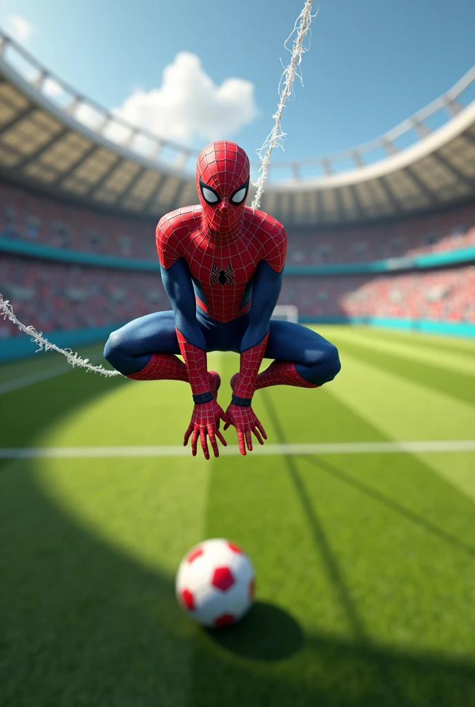Spiderman hanging in the middle of the soccer field with webs watching the game and football in Brazil