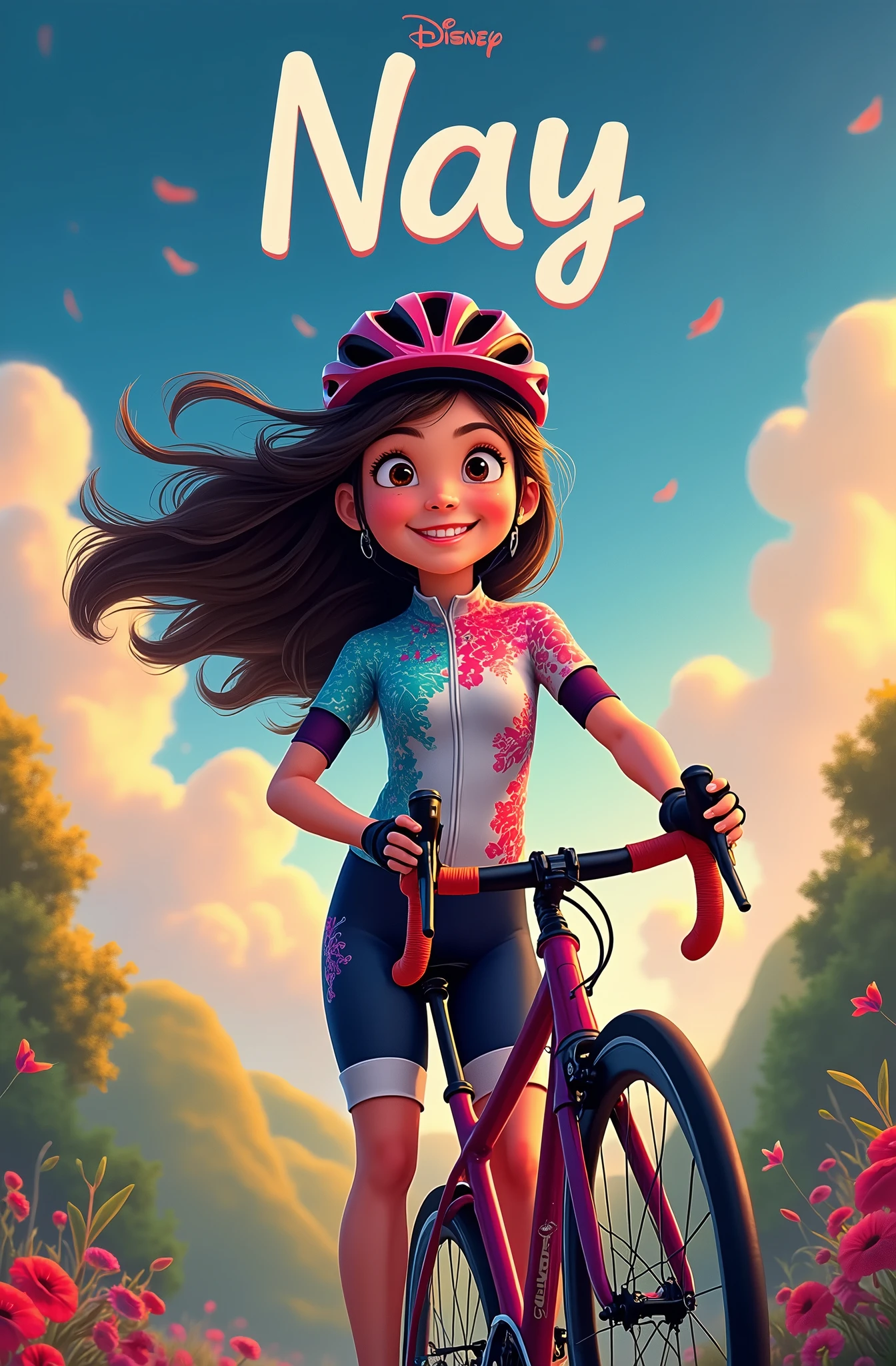 create a disney pixar style poster of a girl holding her bike  , in cycling clothes with the title "Nay"