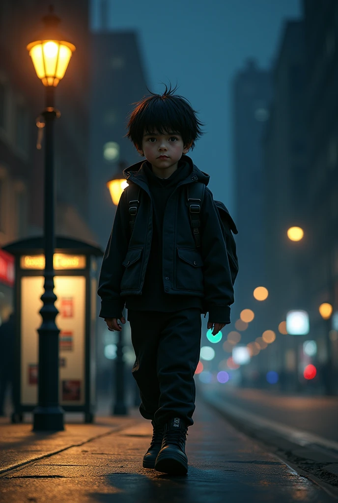 Young boy, black hair, black clothes, combat boots, black vest, backpack on his back, walking along a street at night, bus stop behind him, lamppost lighting on top of him, city background at night with bus stop, behind him, full body image