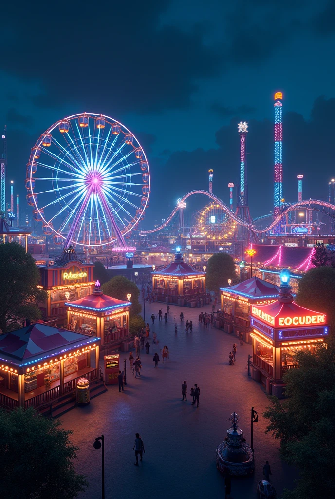 Amusement park at night full of lights without people