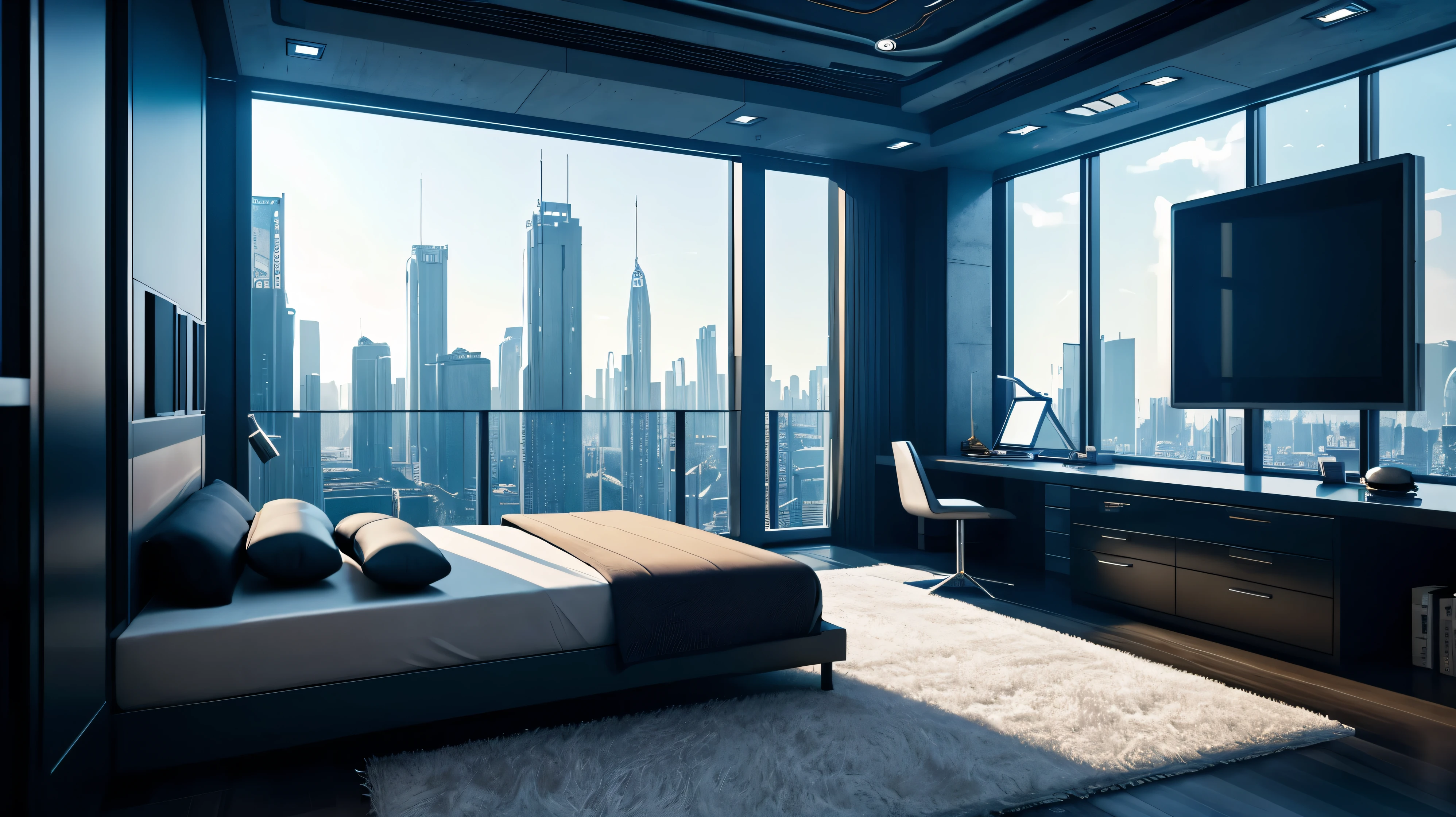 scifi, architectual, space design, cyberpunk, futuristic, luxury bedroom, hightech, hard-surface design, daylight, much tech, much electronic, much space, very cozy, ambient light, realistic view, wide angle, year 2124