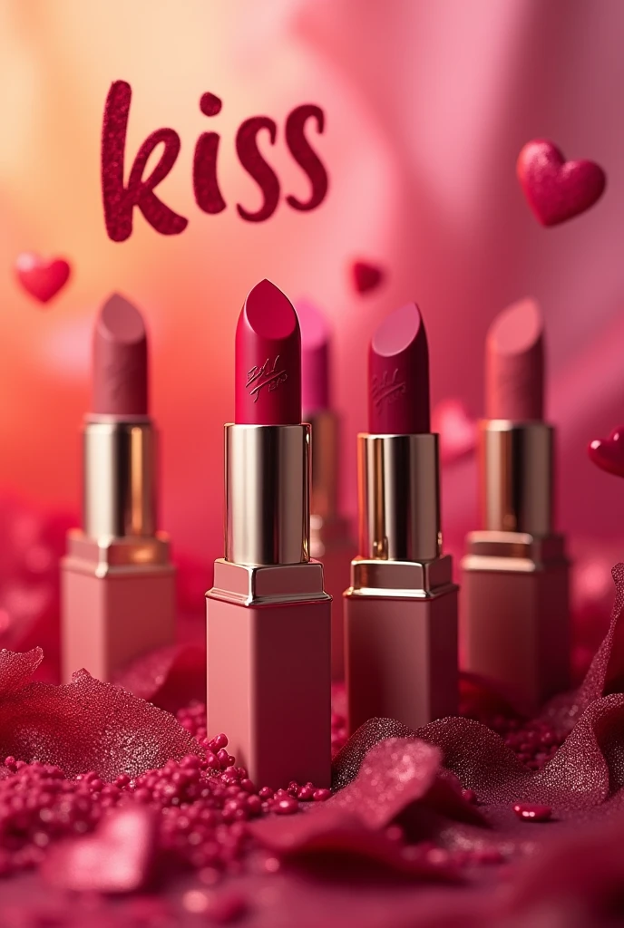 Lipsticks that have a kiss written in the color of the lipstick for advertising but the background is the color of the lipsticks (only lipsticks less people) and they are falling down