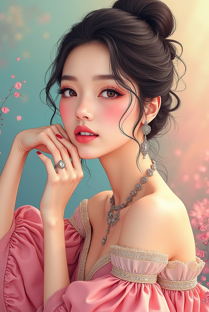 鲜艳的颜色, 优美的风格, 高质量的插图, 女性用手托着下巴的姿势, 优雅的绘画, 服装和面部特征的详细插图.