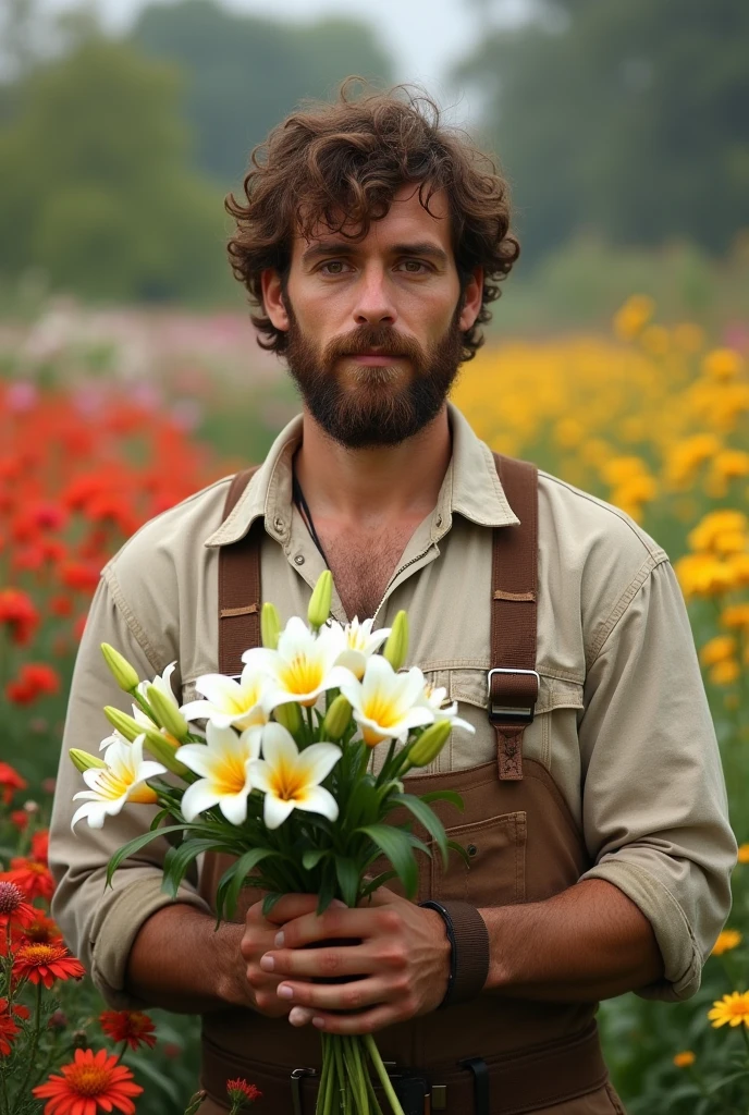 male, 38 years old, Jewish, Direct, Short hair, Brown hair, curls, Bearded, purity, Carpenter Occupation, Carpenter Clothing, Key Points, Face and hands, Various flower landscapes, lily, hands holding bunch of lily, 8K, brutal, Quartz. Joseph