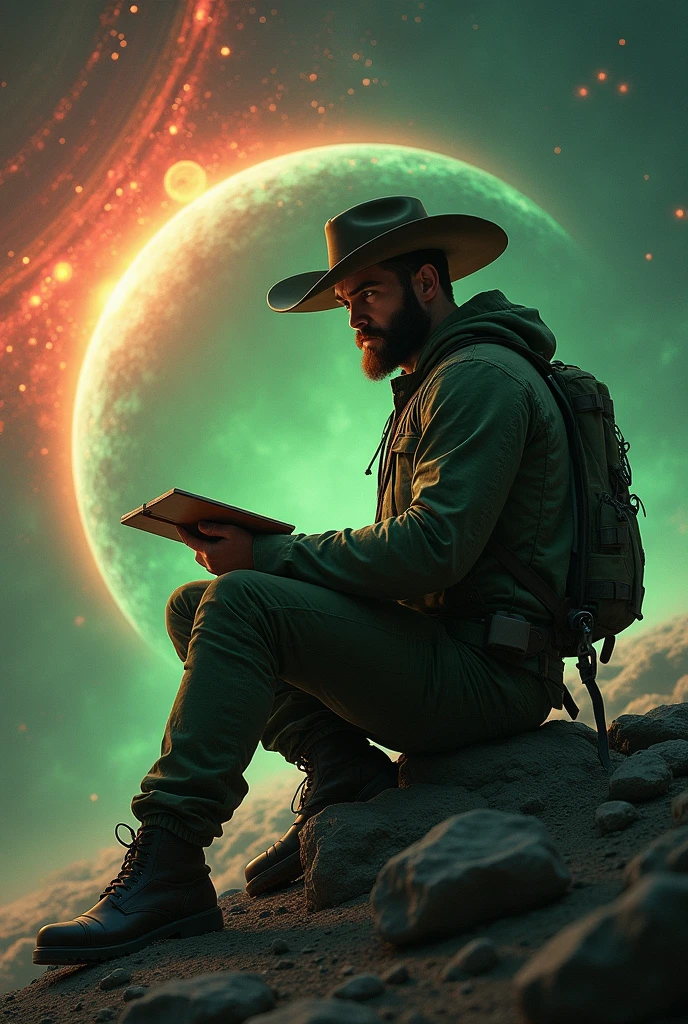 Green Lantern sitting on a research platform floating in the middle of the asteroid belt. He studies with a notebook, Surrounded by several asteroids emitting fiery rings. Dramatic lighting from distant stars and planets illuminates the scene, Casts deep shadows on clothing. The young man looks confident and determined., Look at the vast and mysterious universe with wonder and awe, beard, Cowboy shooting,