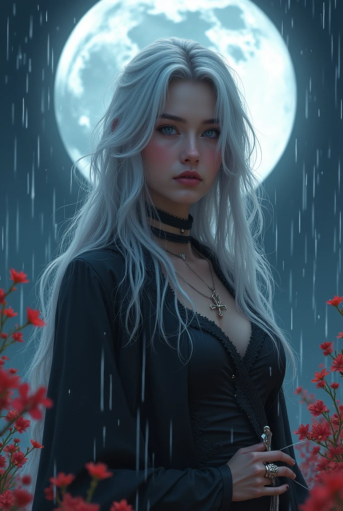 Masterpiece best night full moon 1 female mature sister rain sister cold face expressionless silver white long hair woman light pink lips calm intellectual three rings gray eyes assassin short knife, Flowers, Card Details, Finger details,