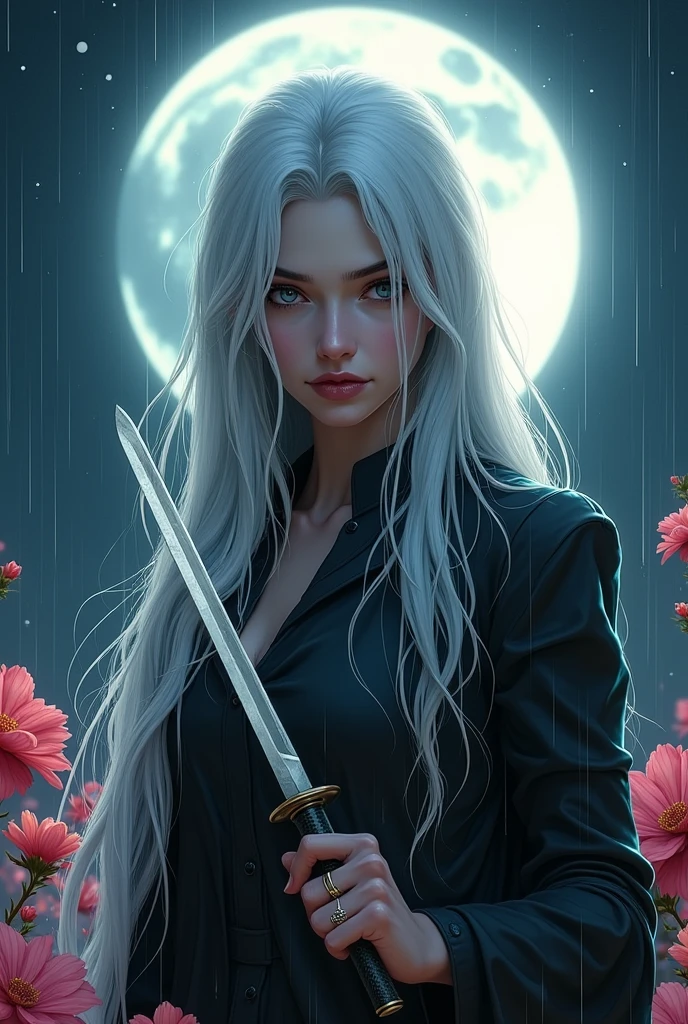 Masterpiece best night full moon 1 female mature sister rain sister cold face expressionless silver white long hair woman light pink lips calm intellectual three rings gray eyes assassin short knife, Flowers, Card Details, Finger details,