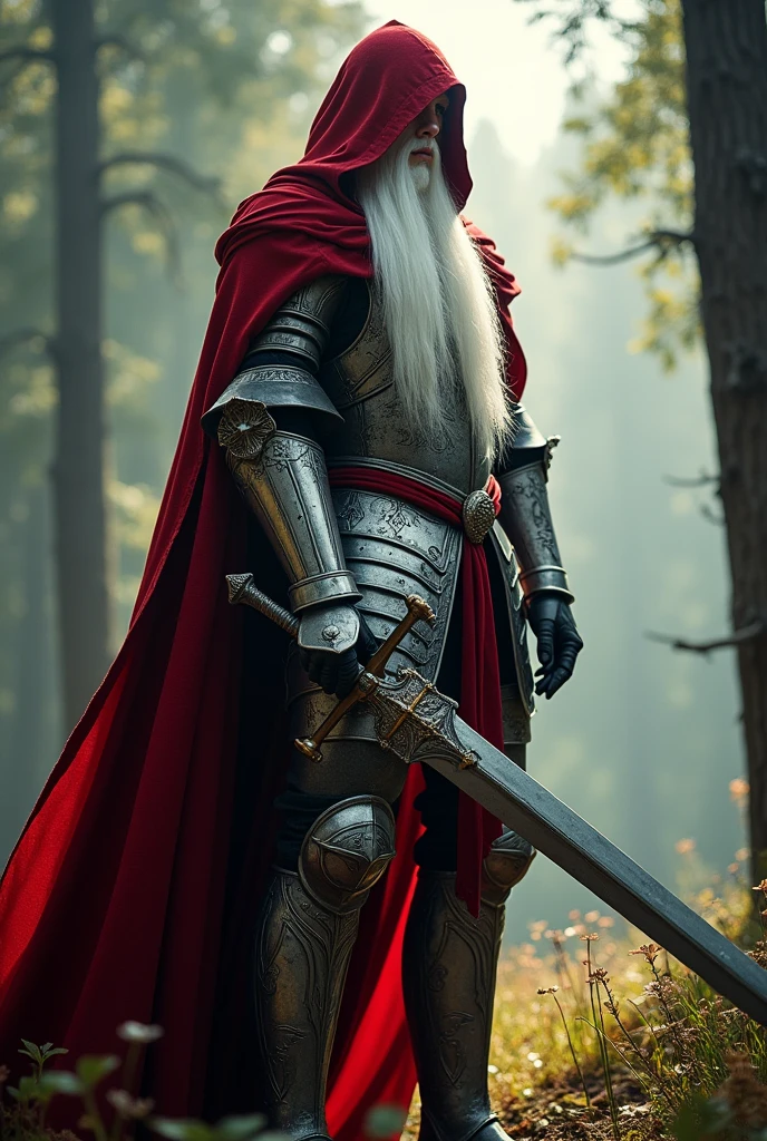 A long-haired male albino knight, Wearing heavy armor，Wearing a red hood，Holding a long sword