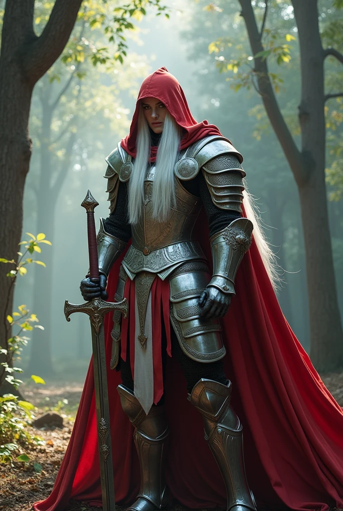 A long-haired male albino knight, Wearing heavy armor，Wearing a red hood，Holding a long sword