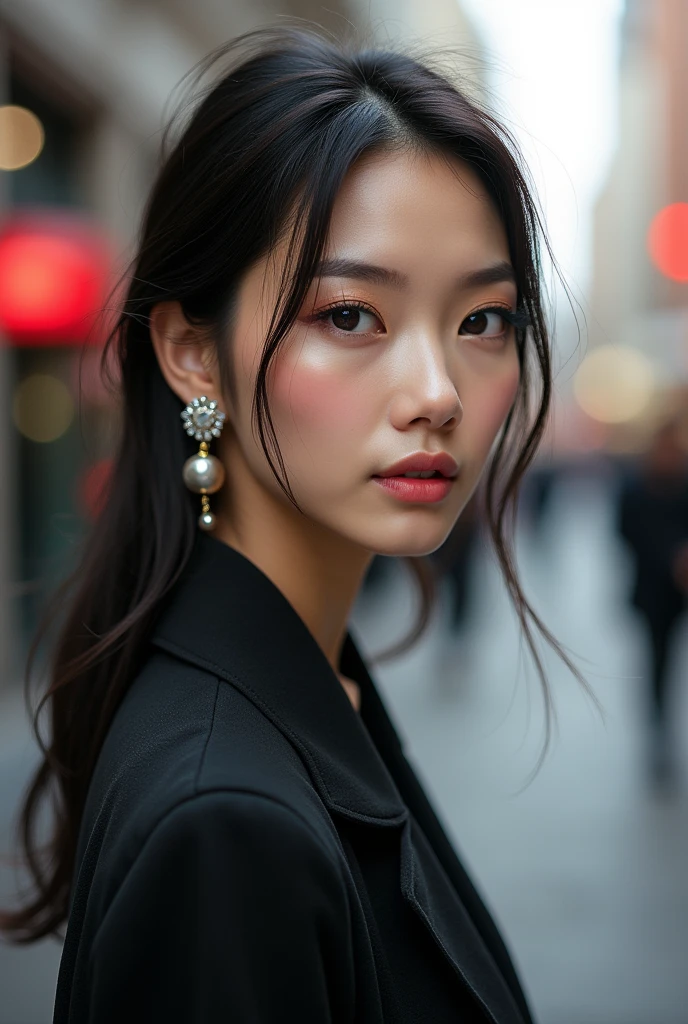 high resolution,4K,HDR,1 Girl, photoPractical, Practical,Sweat skin, Thin face,yangmi,Heavy makeup, permanent,(((Half Body))), ,earrings ,   
