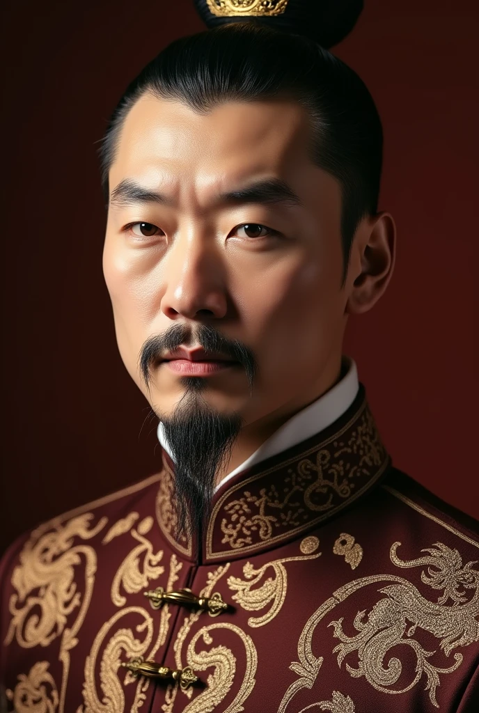 Chinese Emperor, Black Hat, No beard, About 30 years old, Big face, Brown silk solid color simple official uniform, The clothes are embroidered with thin dragon pattern hollow embroidery, Realistic facial close-up, Portrait Photography, Solid color simple background, Ambient Light, Background light, Tyndall Light