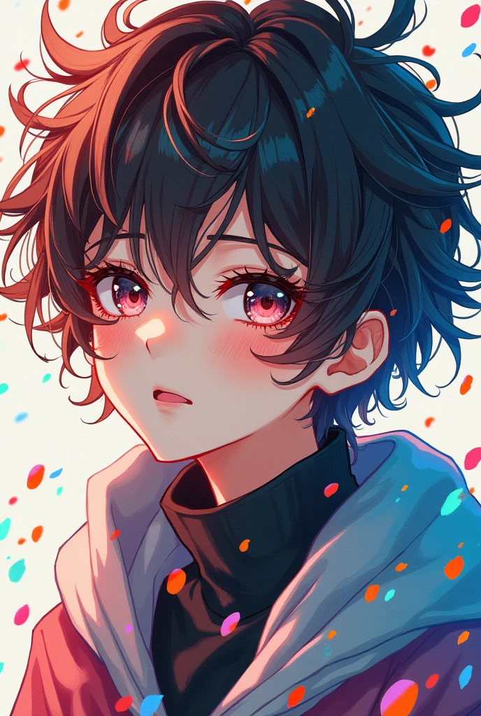 (masterpiece), (Best), (Extremely detailed),(Messy hair),(illustration), (1 Boy,1 Girl), avatar, Macro lens, (Fashion), permanent,fashion model, Looking at the audience, ( interview), (Simple background), Beautiful and delicate eyes, Exquisite beauty, Floating, (High Saturation), (Colorful Splash), Color bubbles, (shining), Focus on the face,