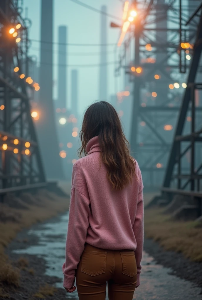 Mysterious atmosphere, atmosphere, Ethereal Quality,Practical,Beautiful and aesthetic,, Solitary,groin,Pink Turtleneck Sweater, Brown pants,(National Science Foundation:0.85),, democracy,, Power Station,, (Dazzling atmosphere, Fascinating light, Luminous lighting, Ethereal atmosphere, Fascinating light, Evocative colors, Attractive colors, Dramatic Lighting, Charming aura),