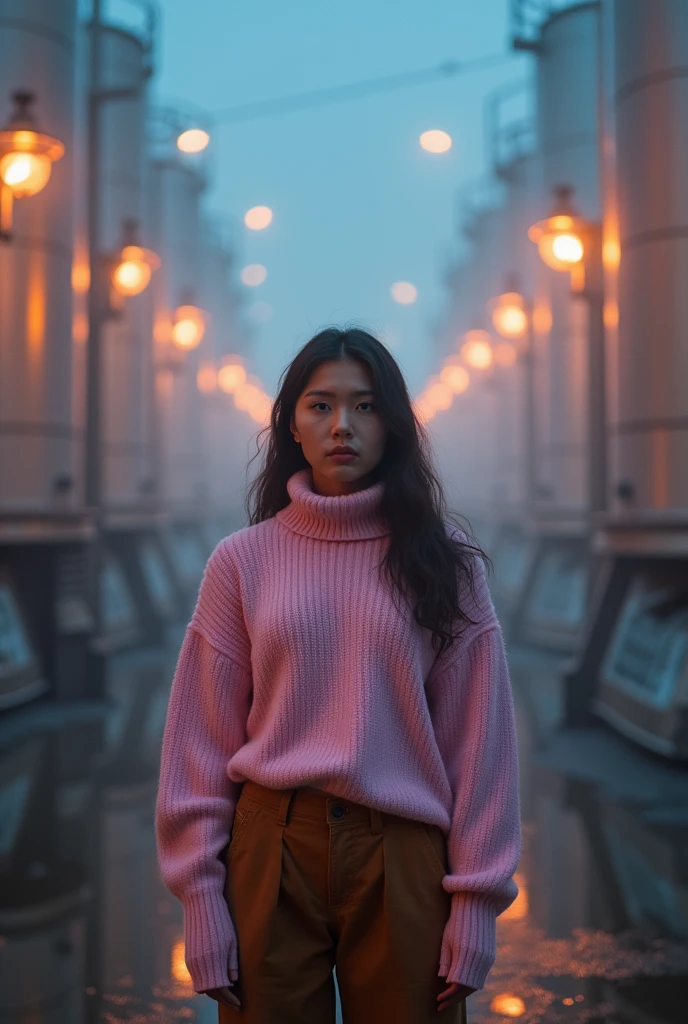 Mysterious atmosphere, atmosphere, Ethereal Quality,Practical,Beautiful and aesthetic,, Solitary,groin,Pink Turtleneck Sweater, Brown pants,(National Science Foundation:0.85),, democracy,, Power Station,, (Dazzling atmosphere, Fascinating light, Luminous lighting, Ethereal atmosphere, Fascinating light, Evocative colors, Attractive colors, Dramatic Lighting, Charming aura),