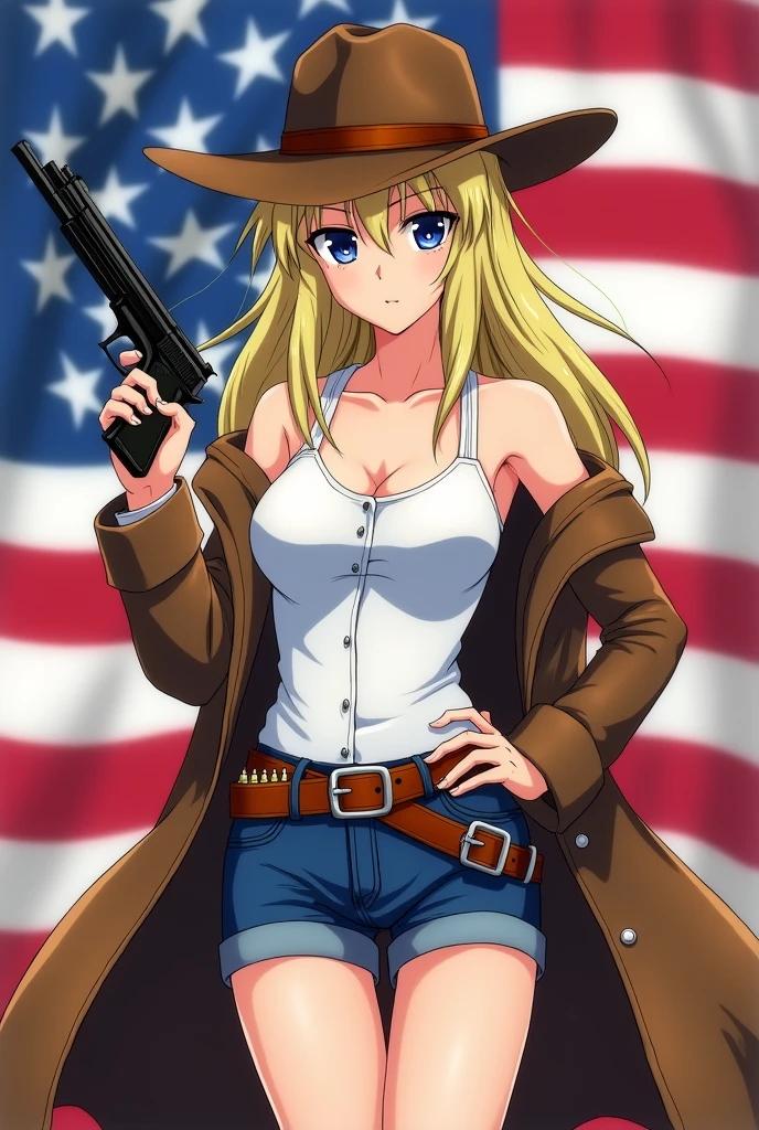 1 girl, masterpiece, Macross Δ poster,  Best, White vest, Middle, Blue short jeans, Small Breasts, Cowboy hat, Holster on hip, Highly detailed gun, Realistic gun, Holding the Colt Peacemaker, Muzzle forward, Sheriff Badge, Bullets on the belt, Brown leather trench coat, Leather jacket, detailed eyes, Sparkling eyes, Beautiful hands, Highly detailed hands, Straight hands, glossy skin, Shiny hair, Blue Eyes, Light Blonde Hair, High target, Long hair, Straight Hair, Full Body, American Flag