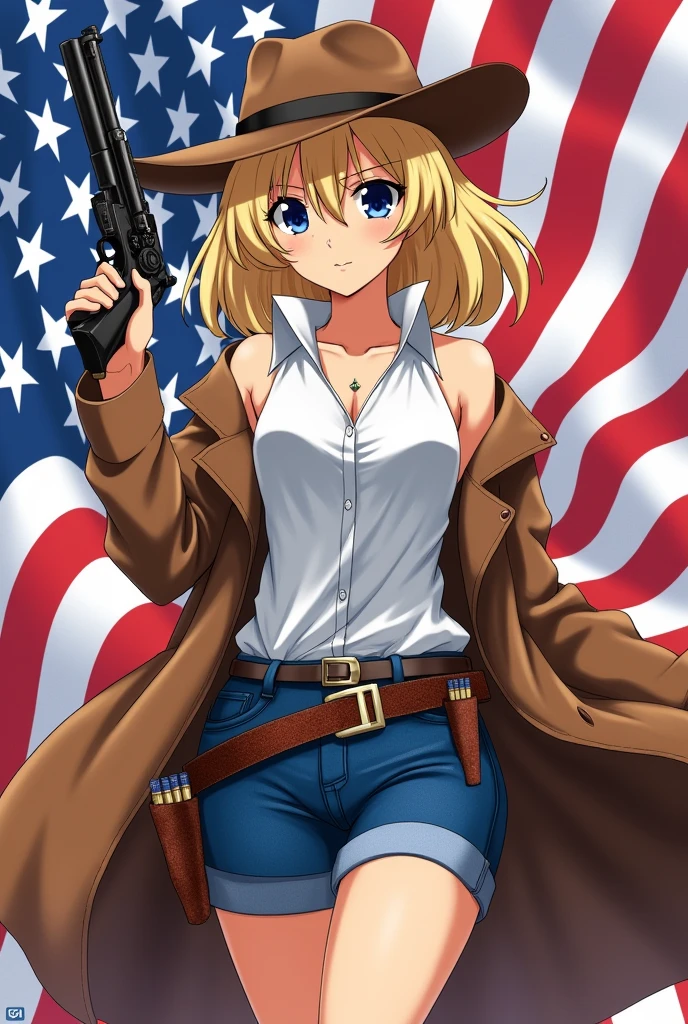 1 girl, masterpiece, Macross Δ poster,  Best, White vest, Middle, Blue short jeans, Small Breasts, Cowboy hat, Holster on hip, Highly detailed gun, Realistic gun, Holding the Colt Peacemaker, Muzzle forward, Sheriff Badge, Bullets on the belt, Brown leather trench coat, Leather jacket, detailed eyes, Sparkling eyes, Beautiful hands, Highly detailed hands, Straight hands, glossy skin, Shiny hair, Blue Eyes, Light Blonde Hair, High target, Long hair, Straight Hair, Full Body, American Flag