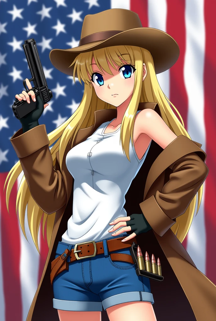 1 girl, masterpiece, Macross Δ poster,  Best, White vest, Middle, Blue short jeans, Small Breasts, Cowboy hat, Holster on hip, Highly detailed gun, Realistic gun, Holding the Colt Peacemaker, Muzzle forward, Sheriff Badge, Bullets on the belt, Brown leather trench coat, Leather jacket, detailed eyes, Sparkling eyes, Beautiful hands, Highly detailed hands, Straight hands, glossy skin, Shiny hair, Blue Eyes, Light Blonde Hair, High target, Long hair, Straight Hair, Full Body, American Flag