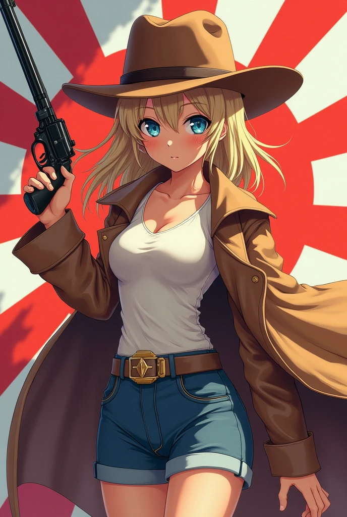 1 girl, masterpiece, Macross Δ poster,  Best, White vest, Middle, Blue short jeans, Small Breasts, Cowboy hat, Holster on hip, Highly detailed gun, Realistic gun, Holding the Colt Peacemaker, Muzzle forward, Sheriff Badge, Bullets on the belt, Brown leather trench coat, Leather jacket, detailed eyes, Sparkling eyes, Beautiful hands, Highly detailed hands, Straight hands, glossy skin, Shiny hair, Blue Eyes, Light Blonde Hair, High target, Long hair, Straight Hair, Full Body, American Flag