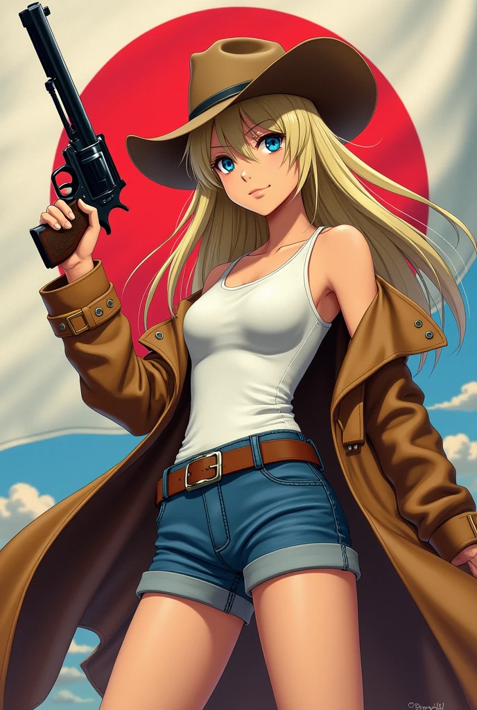 1 girl, masterpiece, Macross Δ poster,  Best, White vest, Middle, Blue short jeans, Small Breasts, Cowboy hat, Holster on hip, Highly detailed gun, Realistic gun, Holding the Colt Peacemaker, Muzzle forward, Sheriff Badge, Bullets on the belt, Brown leather trench coat, Leather jacket, detailed eyes, Sparkling eyes, Beautiful hands, Highly detailed hands, Straight hands, glossy skin, Shiny hair, Blue Eyes, Light Blonde Hair, High target, Long hair, Straight Hair, Full Body, American Flag