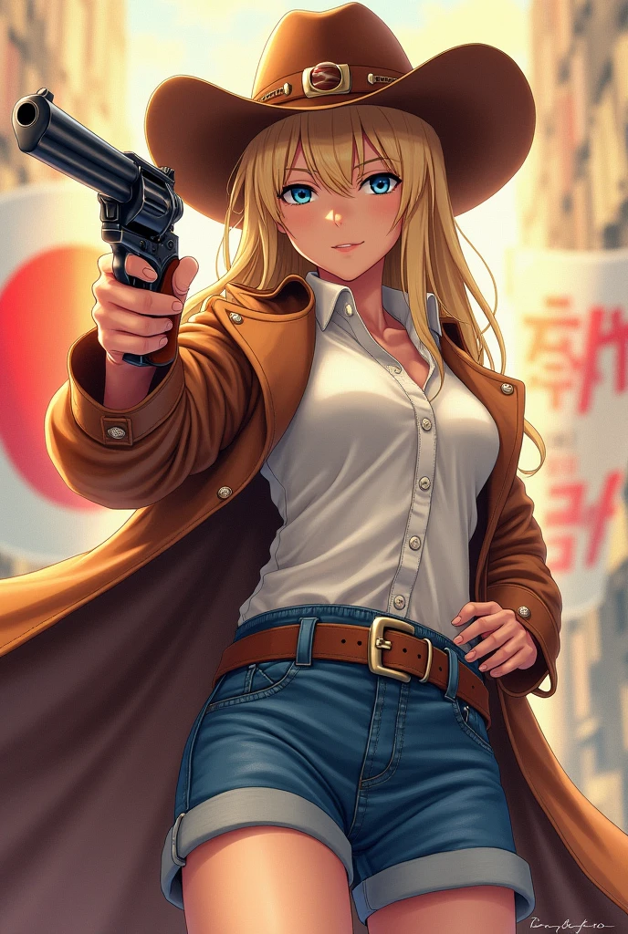 1 girl, masterpiece, Macross Δ poster, Best, White vest, Middle, Blue short jeans, Small Breasts, Cowboy hat, Holster on hip, Highly detailed gun, Realistic gun, Holding the Colt Peacemaker, Muzzle forward, Sheriff Badge, Bullets on the belt, Brown leather trench coat, Leather jacket, detailed eyes, Sparkling eyes, Beautiful hands, Highly detailed hands, Straight hands, glossy skin, Shiny hair, Blue Eyes, Light Blonde Hair, High target, Long hair, Straight Hair, Full Body, Japanese flag