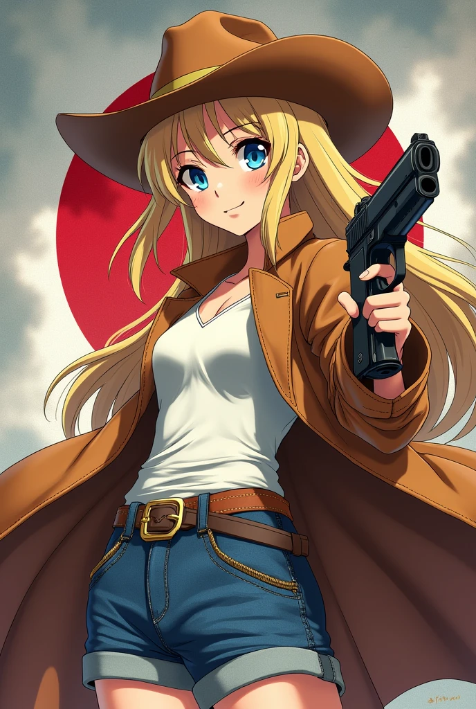 1 girl, masterpiece, Macross Δ poster,  Best, White vest, Middle, Blue short jeans, Small Breasts, Cowboy hat, Holster on hip, Highly detailed gun, Realistic gun, Holding the Colt Peacemaker, Muzzle forward, Sheriff Badge, Bullets on the belt, Brown leather trench coat, Leather jacket, detailed eyes, Sparkling eyes, Beautiful hands, Highly detailed hands, Straight hands, glossy skin, Shiny hair, Blue Eyes, Light Blonde Hair, High target, Long hair, Straight Hair, Full Body, American Flag