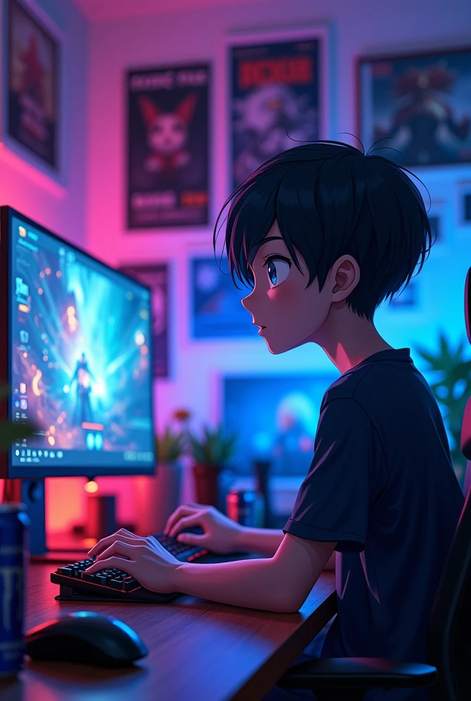 Best: 1.0), (Ultra-high resolution: 1.0), anime boy, Black short hair, Blue Eyes, Sitting in front of the computer playing games, Gaming Room Background,