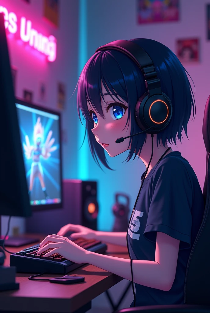 Best: 1.0), (Ultra-high resolution: 1.0), Anime Girl, Black short hair, Blue Eyes, Sitting in front of the computer playing games, Gaming Room Background,