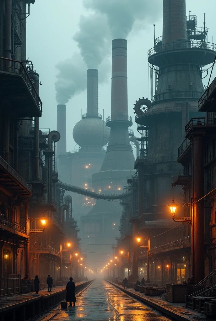industrial city, surround by wall, steampunk, rusty and heavy, smoke, chimney, factories, gears, machinery, tall buildings, towers, steam power, steam pipes, streetlights, (cinematic lighting:0.8, super detail, bloom)