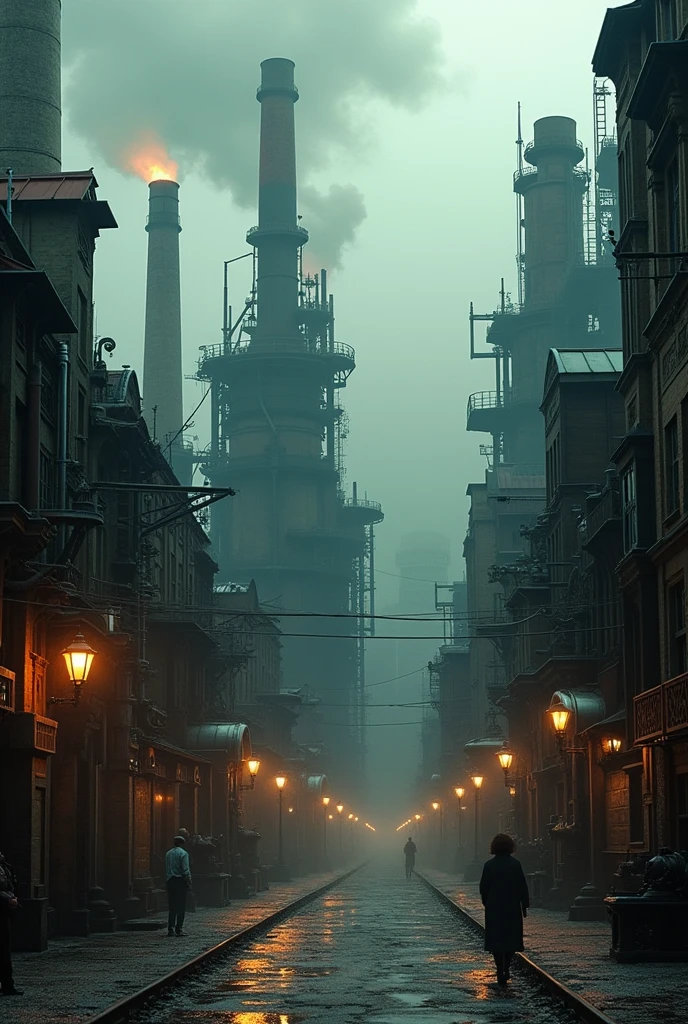 industrial city, surround by wall, steampunk, rusty and heavy, smoke, chimney, factories, gears, machinery, tall buildings, towers, steam power, steam pipes, streetlights, (cinematic lighting:0.8, super detail, bloom)