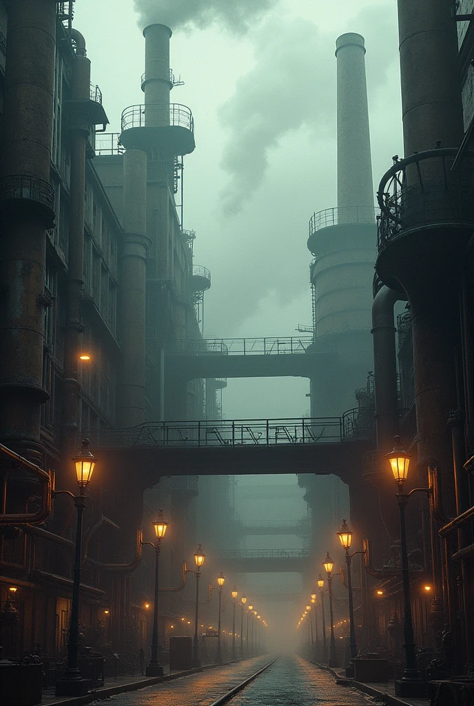industrial city, surround by wall, steampunk, rusty and heavy, smoke, chimney, factories, gears, machinery, tall buildings, towers, steam power, steam pipes, streetlights, (cinematic lighting:0.8, super detail, bloom)