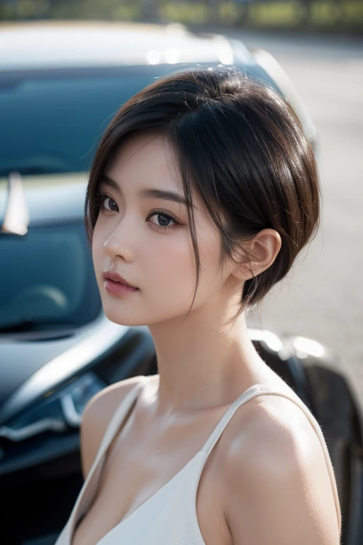 He saw, (Dragon Ball), Curvy Beauty, Attractive, Short hair, Beautiful and delicate eyes, absurd, high resolution, Extremely detailed, (Highest image quality), (Masterpieces), (Detailed description of the eyes), (8k wallpaper), (Detailed description of the face), Depth of Field, (Lens Reflection), permanent, Lexus IS350 GT300 Basic Model &#39;08 Next to, 黑色Racing, (f1_Racing_Set), Practical, Stunning visuals,  Car stickers, Beach Track, sunny